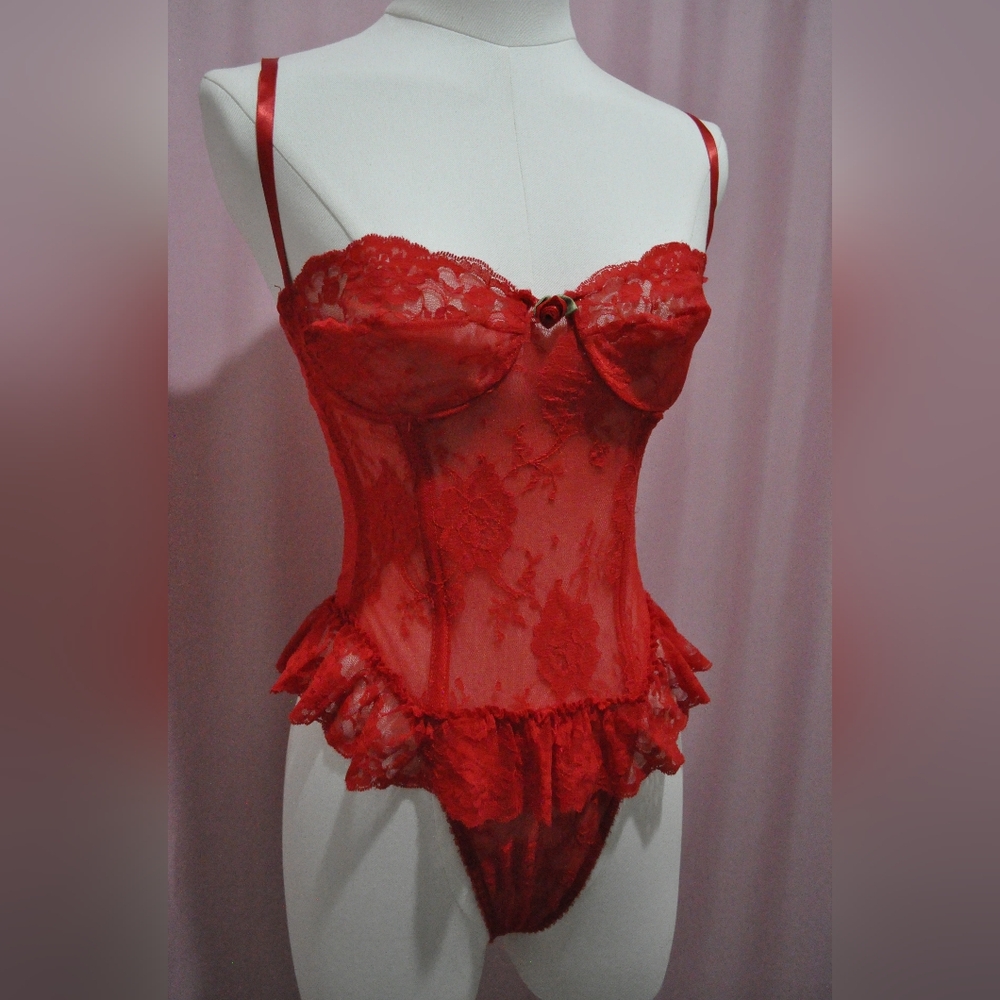 Vintage 80s Red Lace, French Cut Teddy